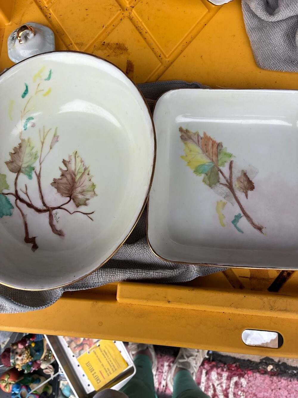 Vintage Hand Painted German Porcelain Bowl and Square Dish Set, Signed Berta